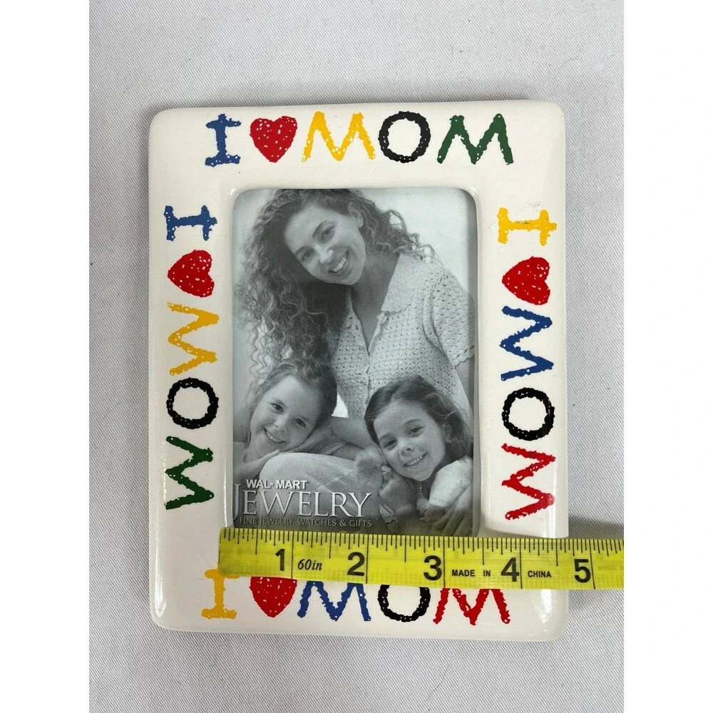 Vintage Ceramic I Love Mom Picture Frame Colorful Crayon Text